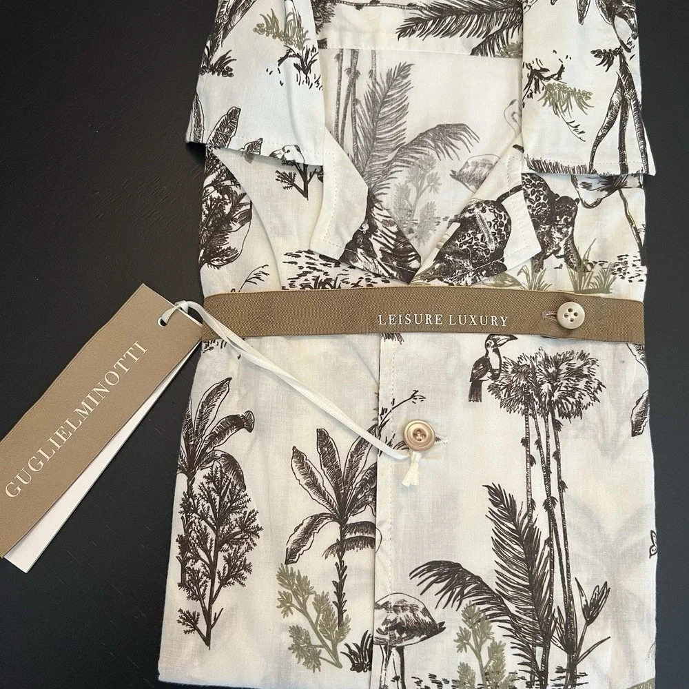 Guglielminotti NWT‎ Dress Shirt Size M White w/ Brown Jungle Print Cotton Long - Picture 7 of 9
